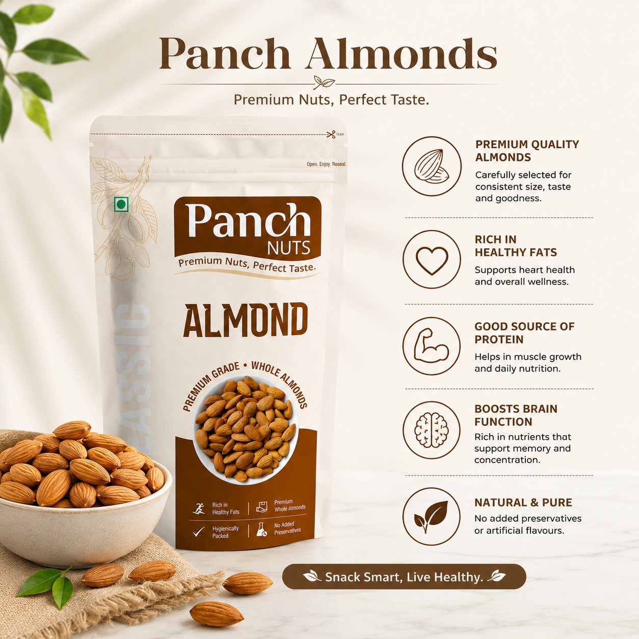 PanchNuts Premium Quality Almonds (Badam) – 100% Natural, Crunchy & Fresh | Rich in Protein, Fiber & Healthy Fats | Daily Nutrition Dry Fruits