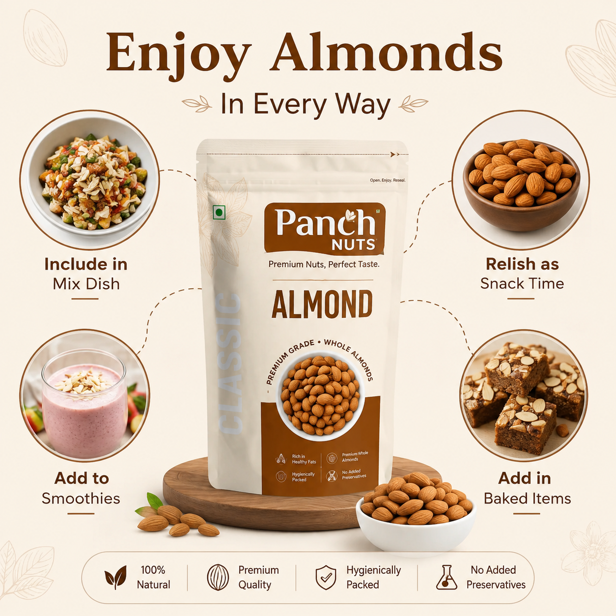 PanchNuts Premium Quality Almonds (Badam) – 100% Natural, Crunchy & Fresh | Rich in Protein, Fiber & Healthy Fats | Daily Nutrition Dry Fruits