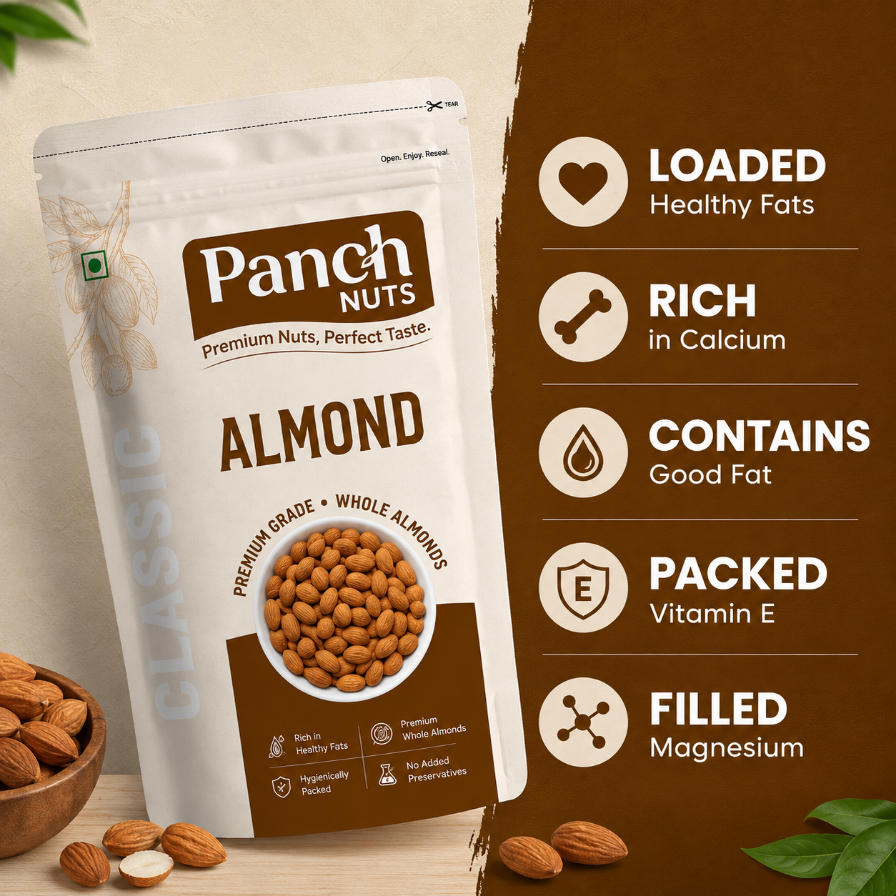 PanchNuts Premium Quality Almonds (Badam) – 100% Natural, Crunchy & Fresh | Rich in Protein, Fiber & Healthy Fats | Daily Nutrition Dry Fruits